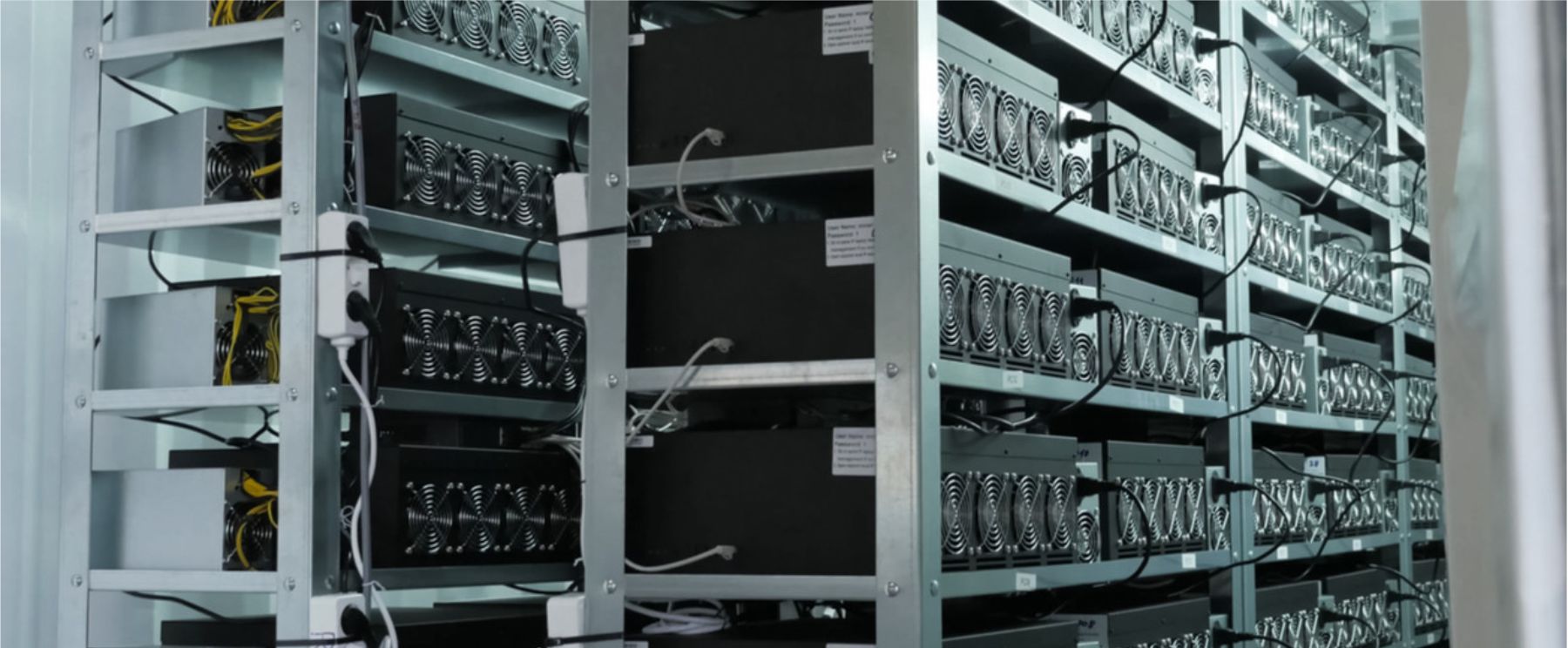 Two racks on which a large number of cryptocurrency rigs have been placed