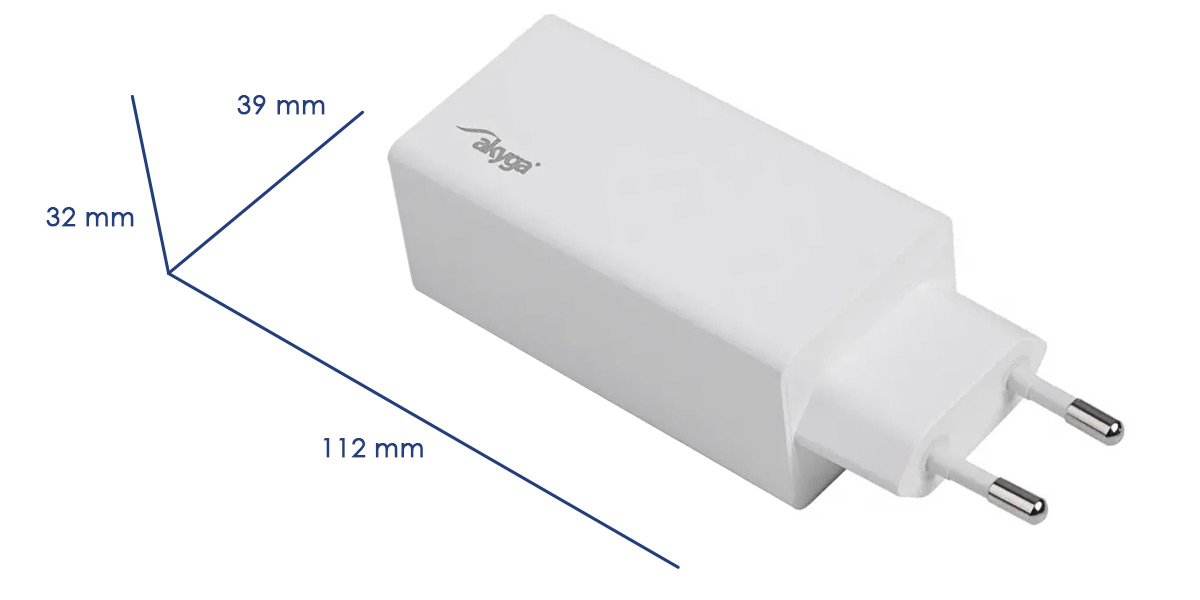 Graphic showing the dimensions of the white Akyga charger
