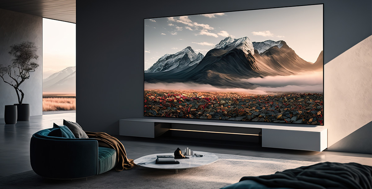 TV screen on the wall in a modern living room displaying a mountain landscape