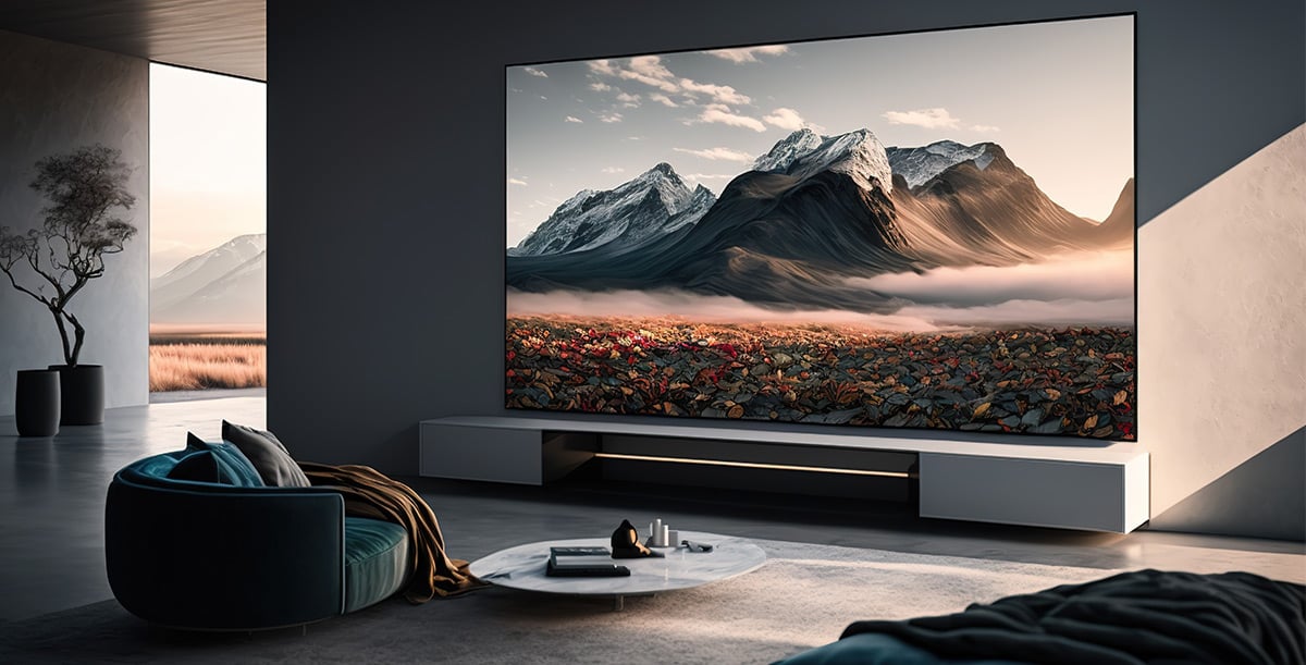 TV screen on the wall in a modern living room displaying a mountain landscape