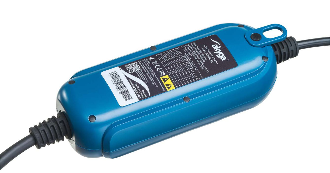 back of the EVSE Akyga AK-EC-01 Type 1 charger and its rating label