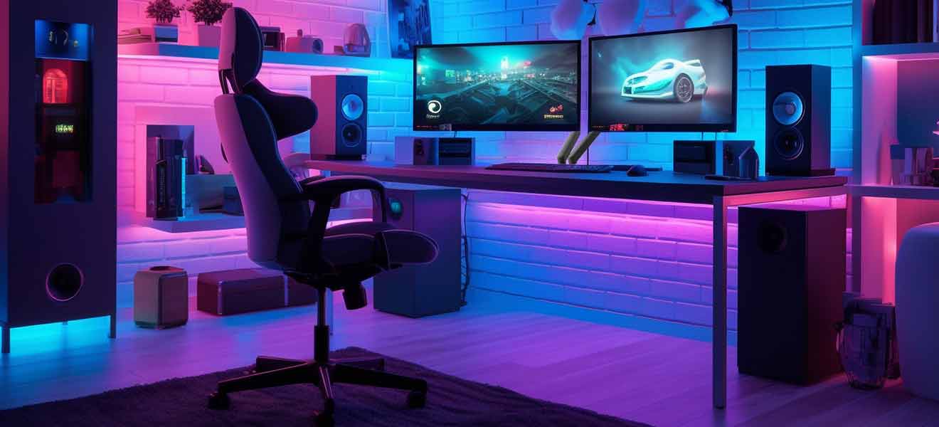 LED-lit room with a desk with two monitors on brackets
