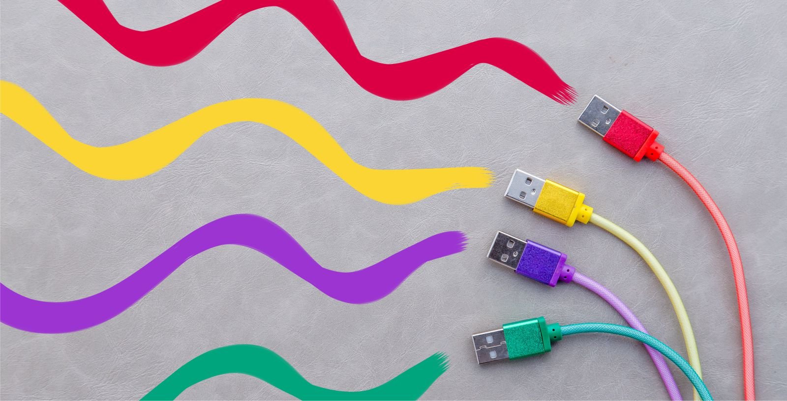 USB plugs and cables of different colors