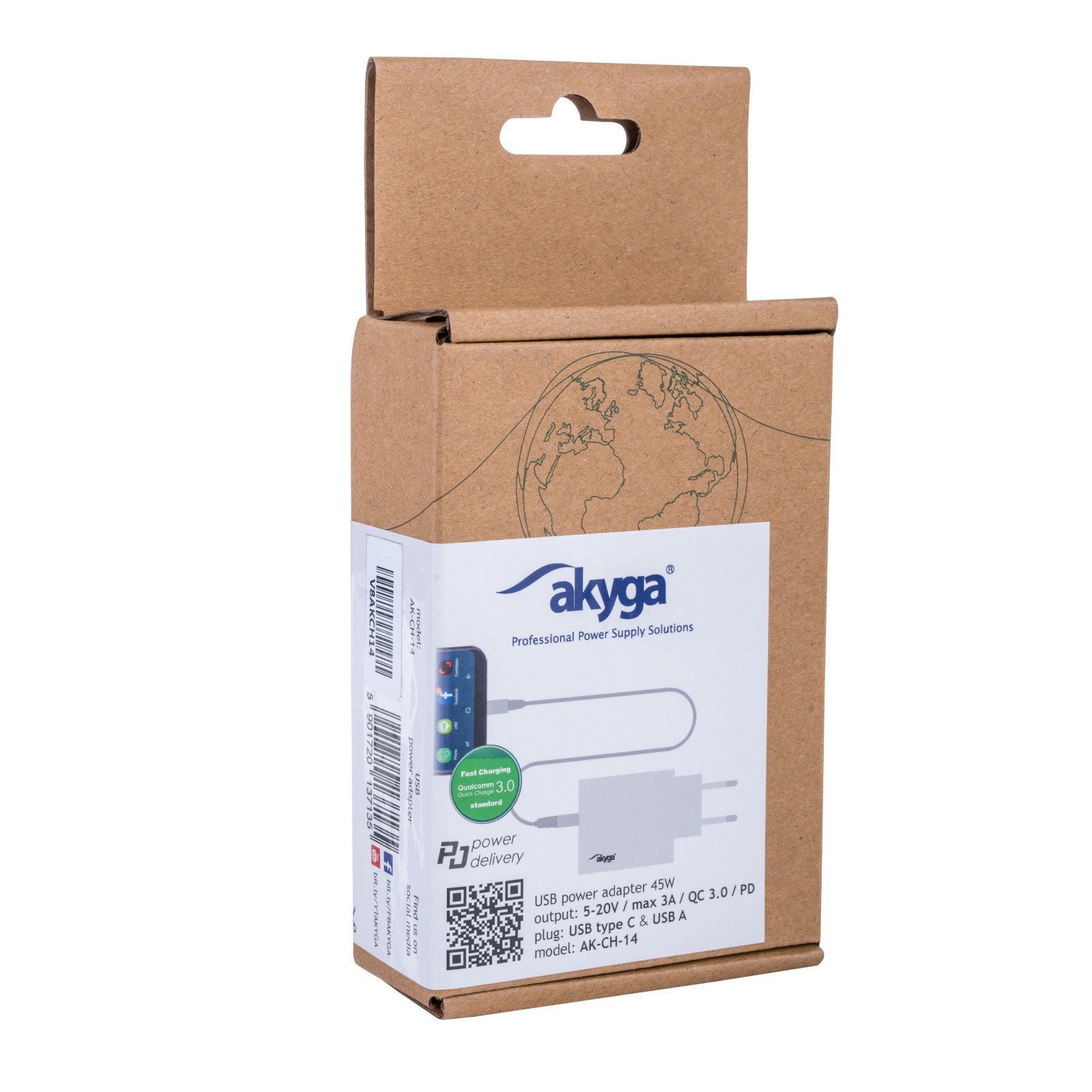 Nabíječka Akyga AK-CH-14 USB-A + USB-C PD 5-20V / max. 3A 45W Quick Charge 3.0